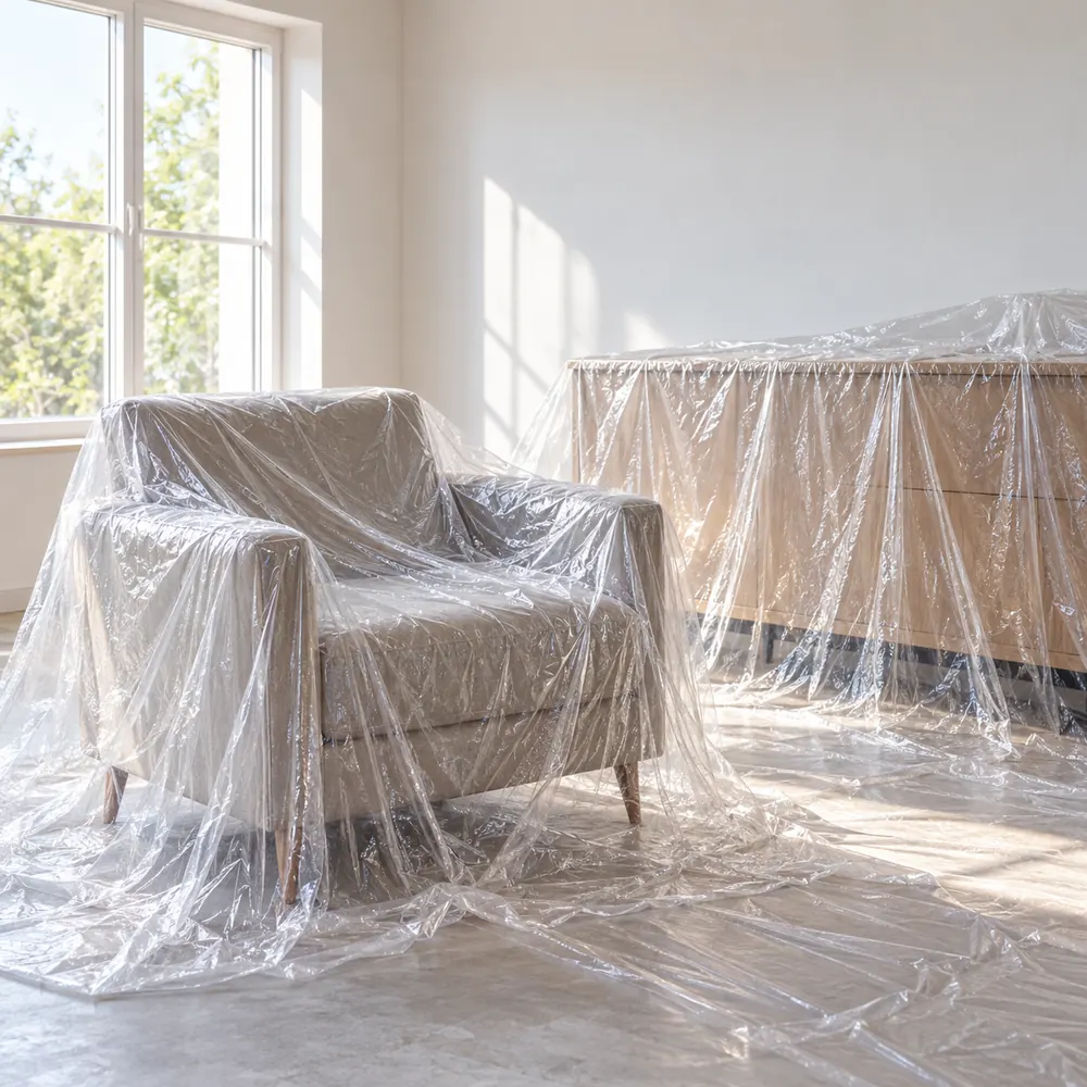 Clear polyethylene dust sheets covering an armchair and a sideboard